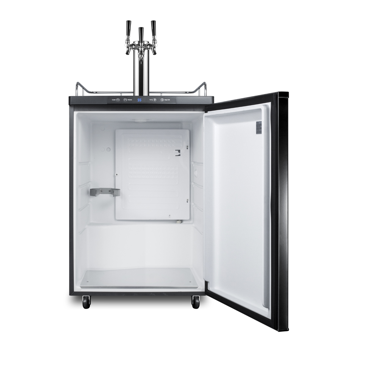 Freestanding residential beer dispenser, auto defrost with digital thermostat, black exterior finish, and triple tap system